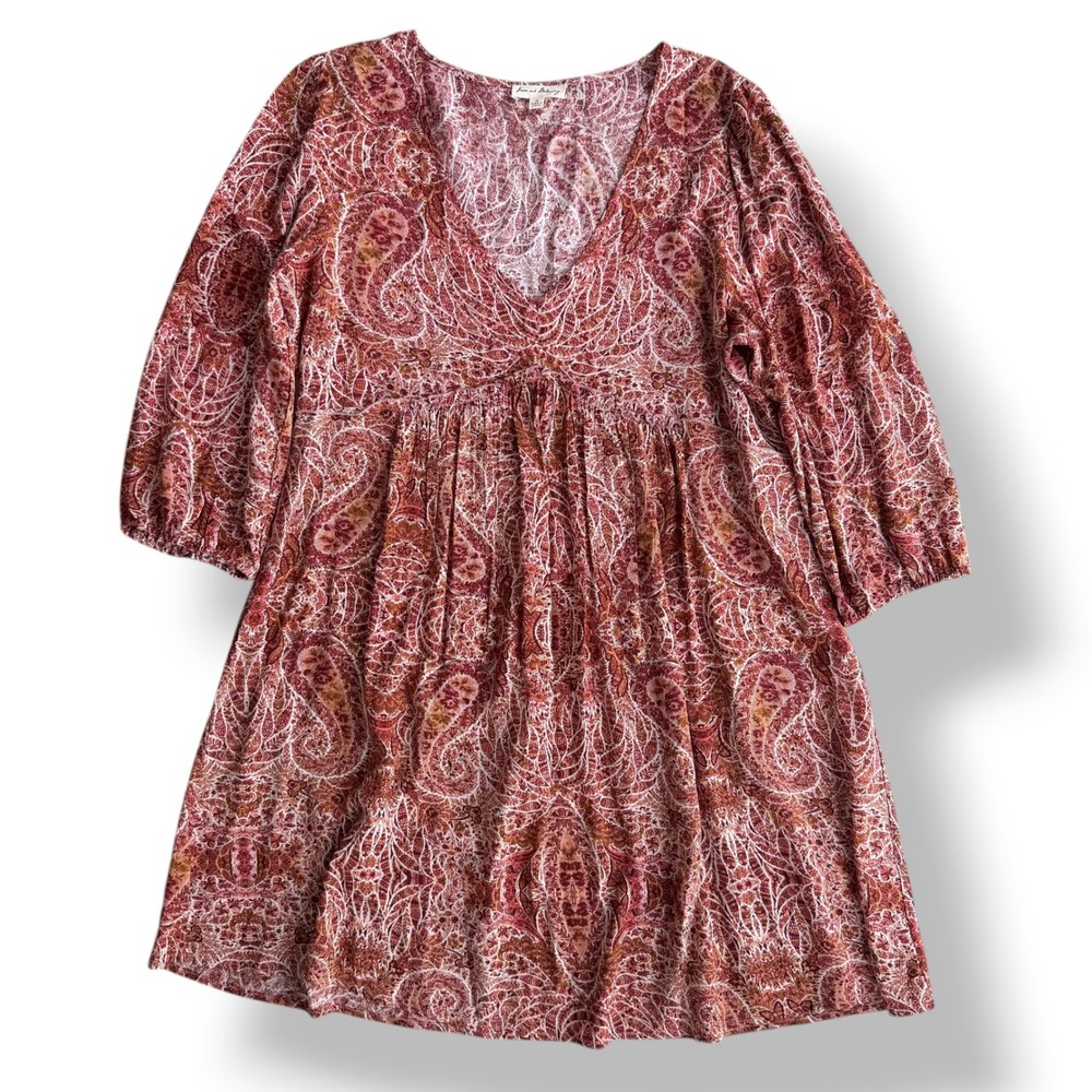 Jane and Delancey Womens M Rust Burgundy Paisley V-Neck Babydoll Mini Dress Boho